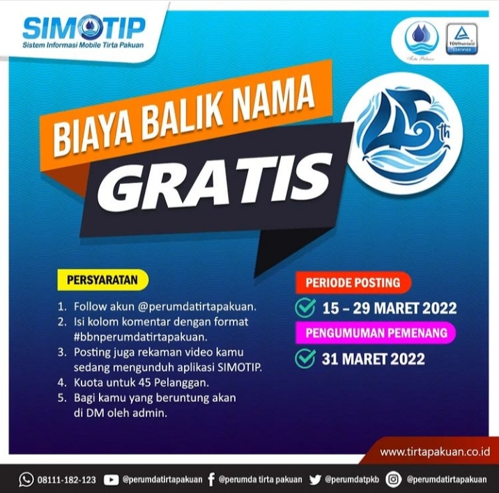 HUT ke 45, Perumda Tirta Pakuan Programkan BBN Gratis Bagi 45 Pelanggan