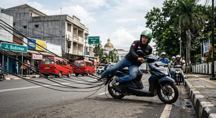 Lagi, Kabel Optik Menjuntai Jerat Dua Pemotor di Jalan Sudirman Bogor